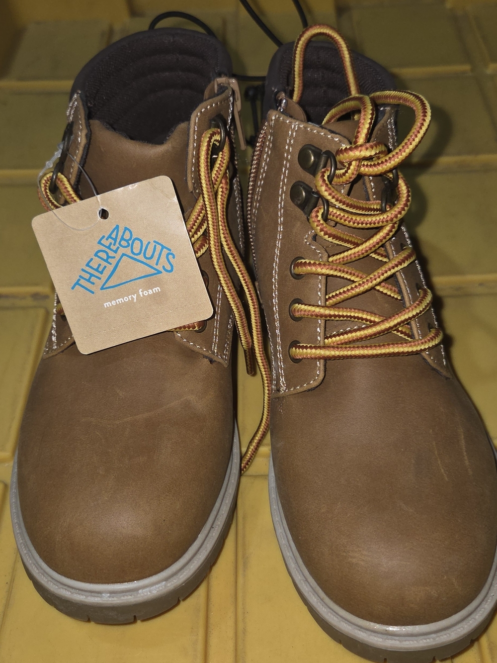 jcpenney Kids Brown Lace-Up Memory Foam Boots with Yellow Accent Laces